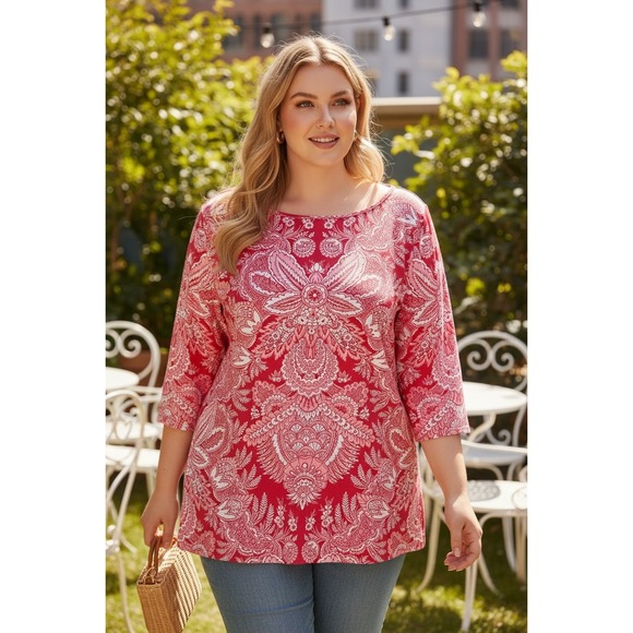 Talbots Tops - Talbots Plus 2X Red Pink Batik Paisley Medallion Boatneck 3/4 Sleeve Tee Top